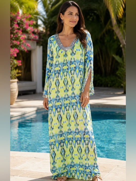 INC International Concepts Other - INC International Concepts Lime & Blue Printed Sequined V-Neck Caftan
